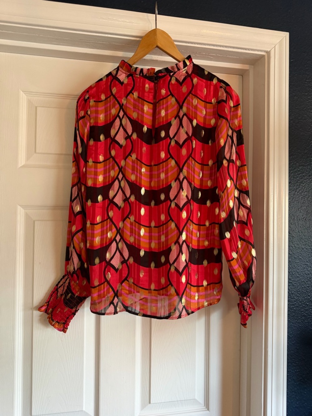 Joie Red Pink and Black Printed Long-Sleeve Blouse - Picture 2 of 4